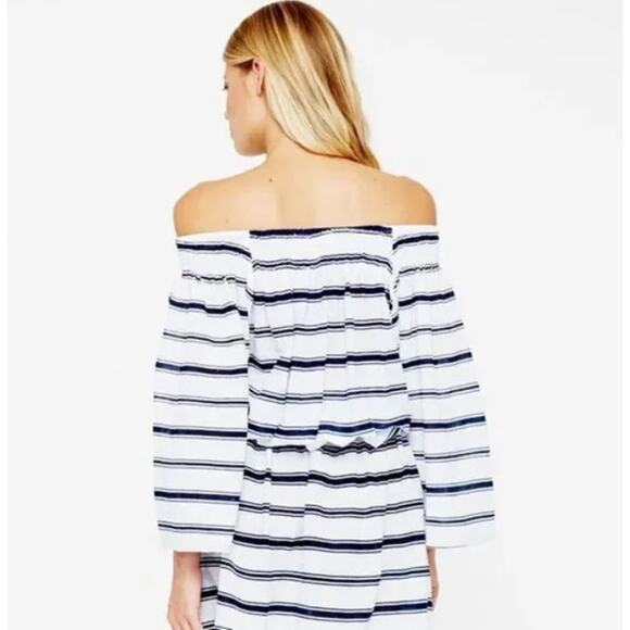 Faithfull the Brand White Navy Striped Off the Shoulder Mini Dress SZ 2 Coastal - Picture 2 of 12